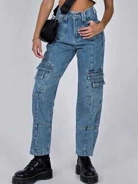 NWT Lioness The Stacey Cargo Jeans High Rise Straight Leg Light Blue Size 6/M